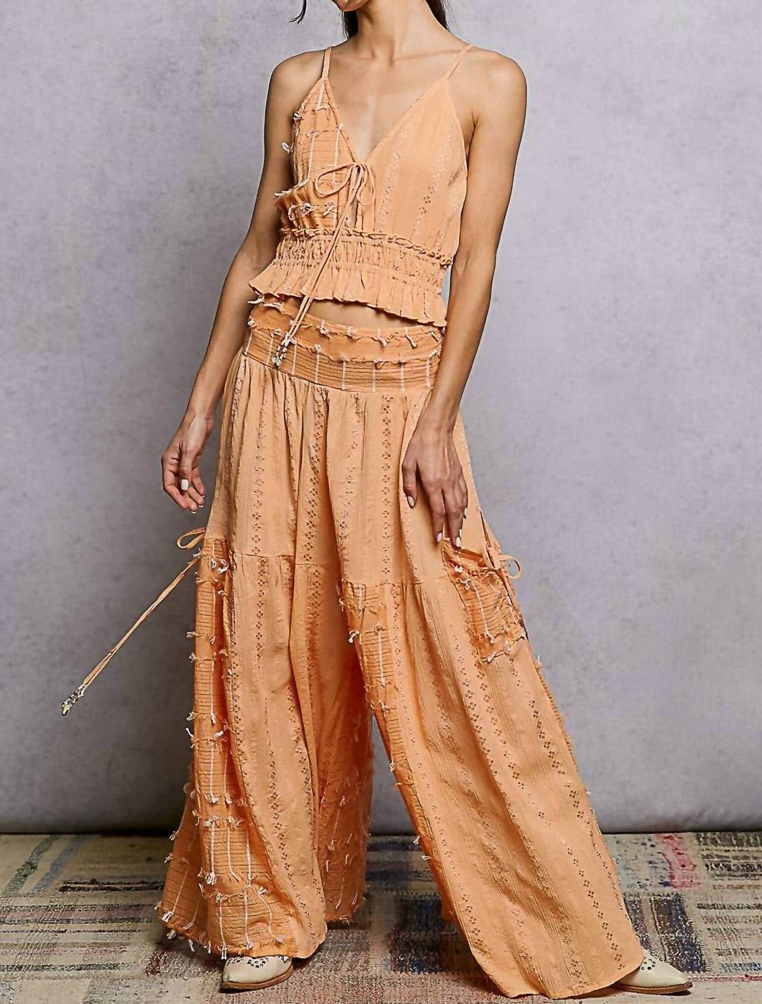 POL Boho Ruffle Contrast Shell Trim Wide Leg Pants in coral - women's pants