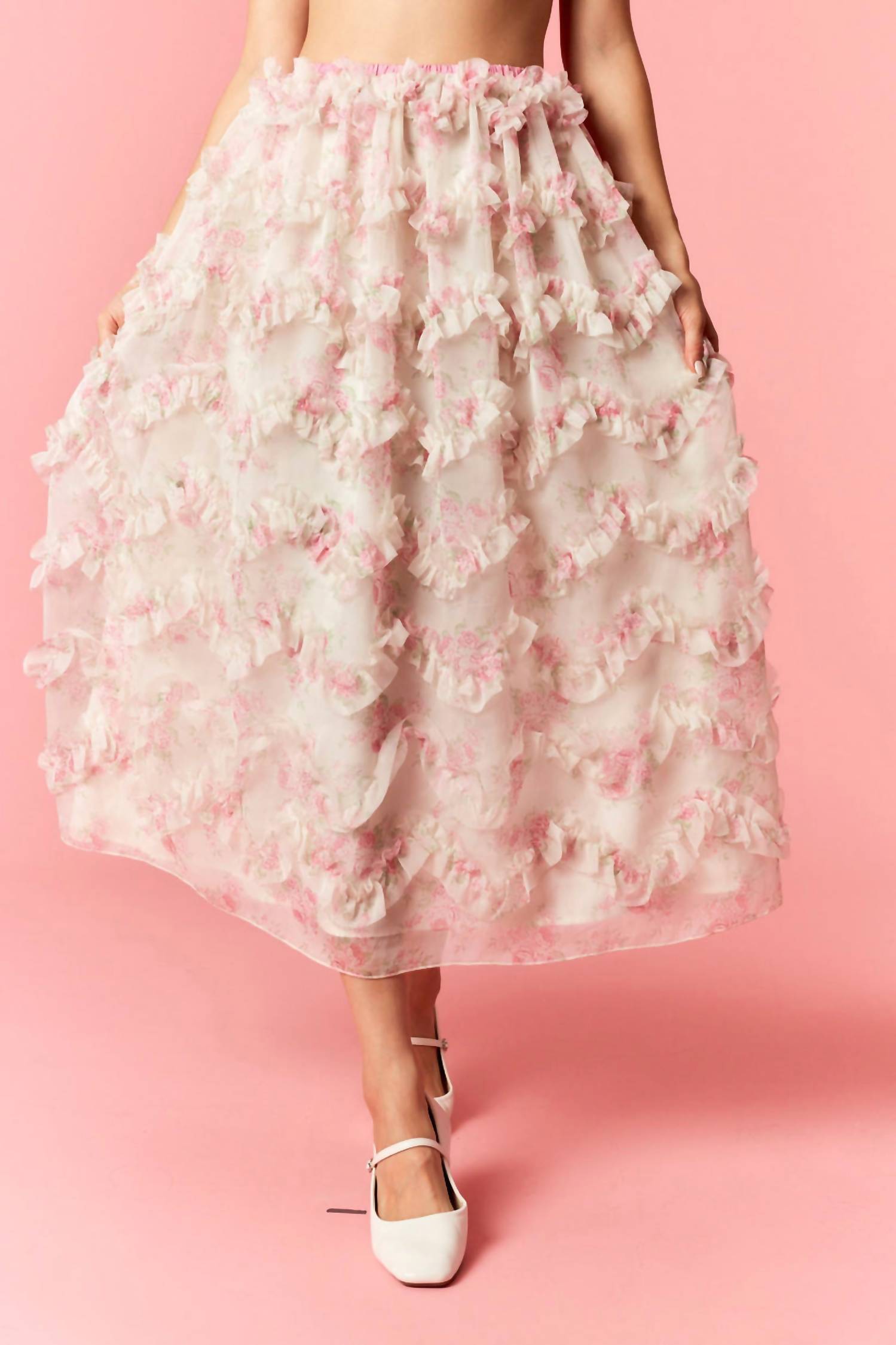Peach Love - Printed Ruffle Detailed Organza Maxi Skirt