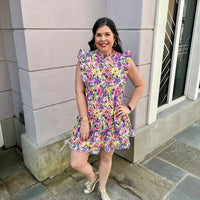 Jodifl - Floral Print Frill Neckline Baby Doll Dress