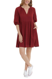 London Times - V-neck With Elastic Hems Short Blouson Cotton Dress