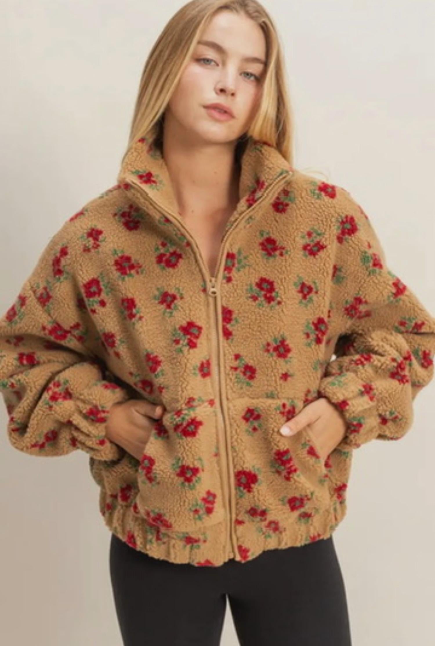 Double Zero - COMFY FLORAL PRINT SHERPA ZIP-UP JACKET