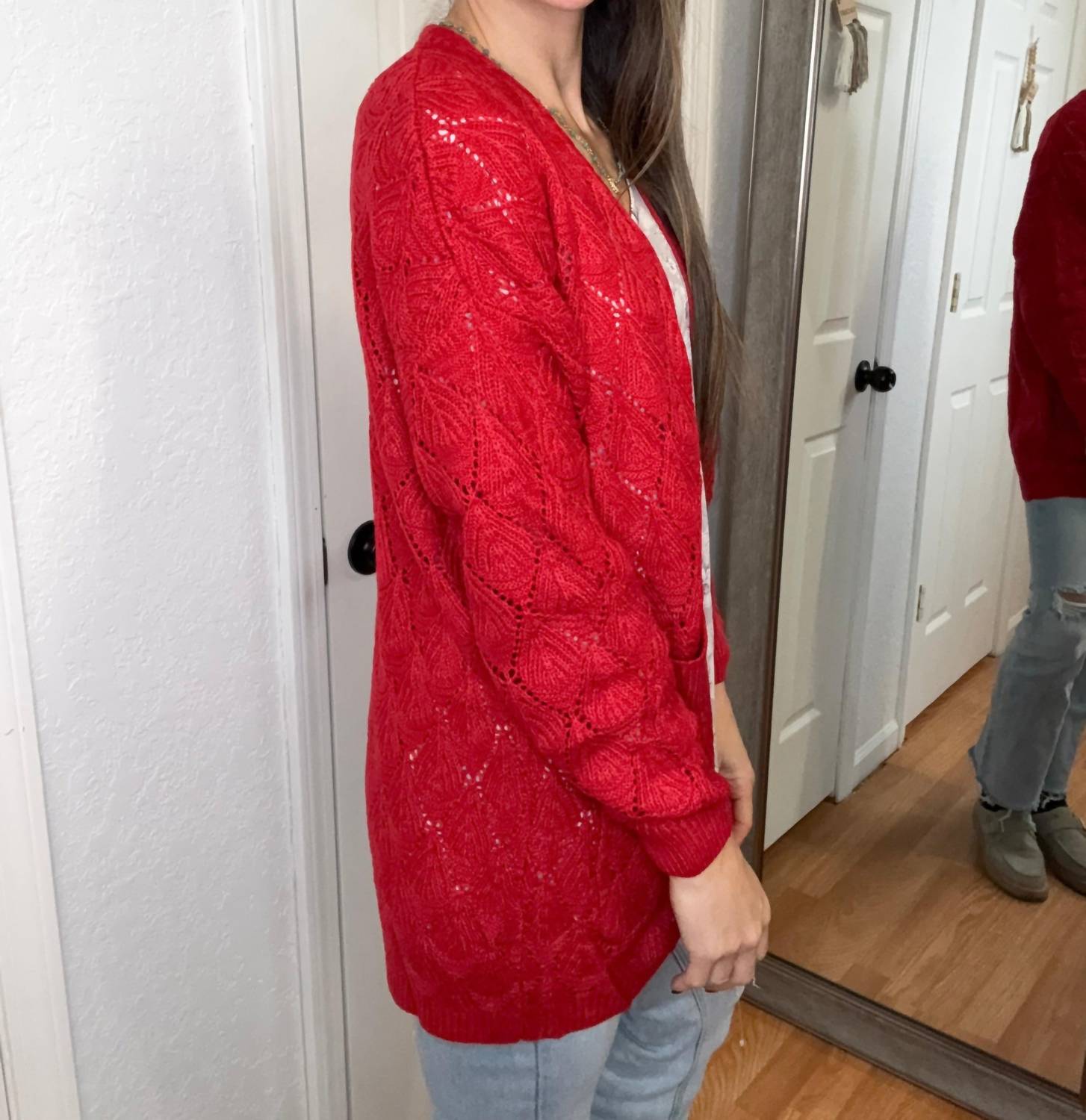 Michelle Mae Romona Open Knit Cardigan in red - women's cardigan - alternate view