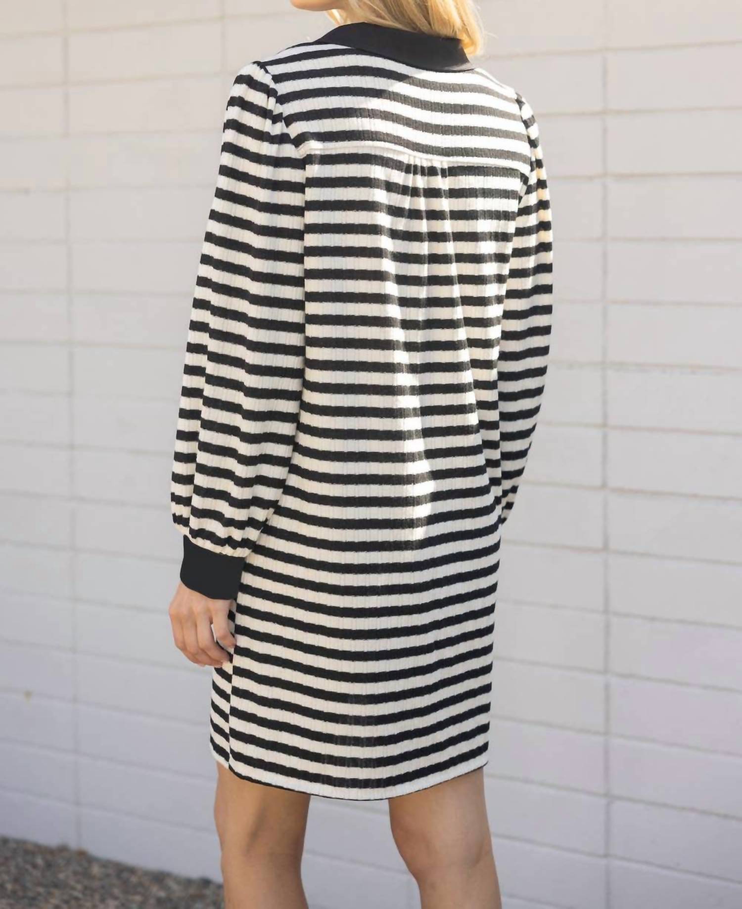 Voy - Kristy Collared Long Sleeve Striped Knit Dress