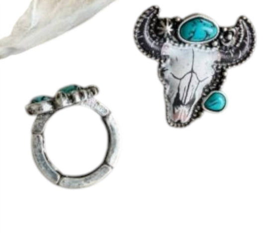 Boho Ranch - Women's Western Turquoise Steer Adjustable Ring