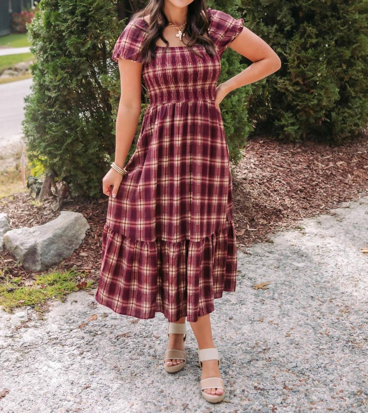 Blu Pepper - Smocked Plaid Midi Dress