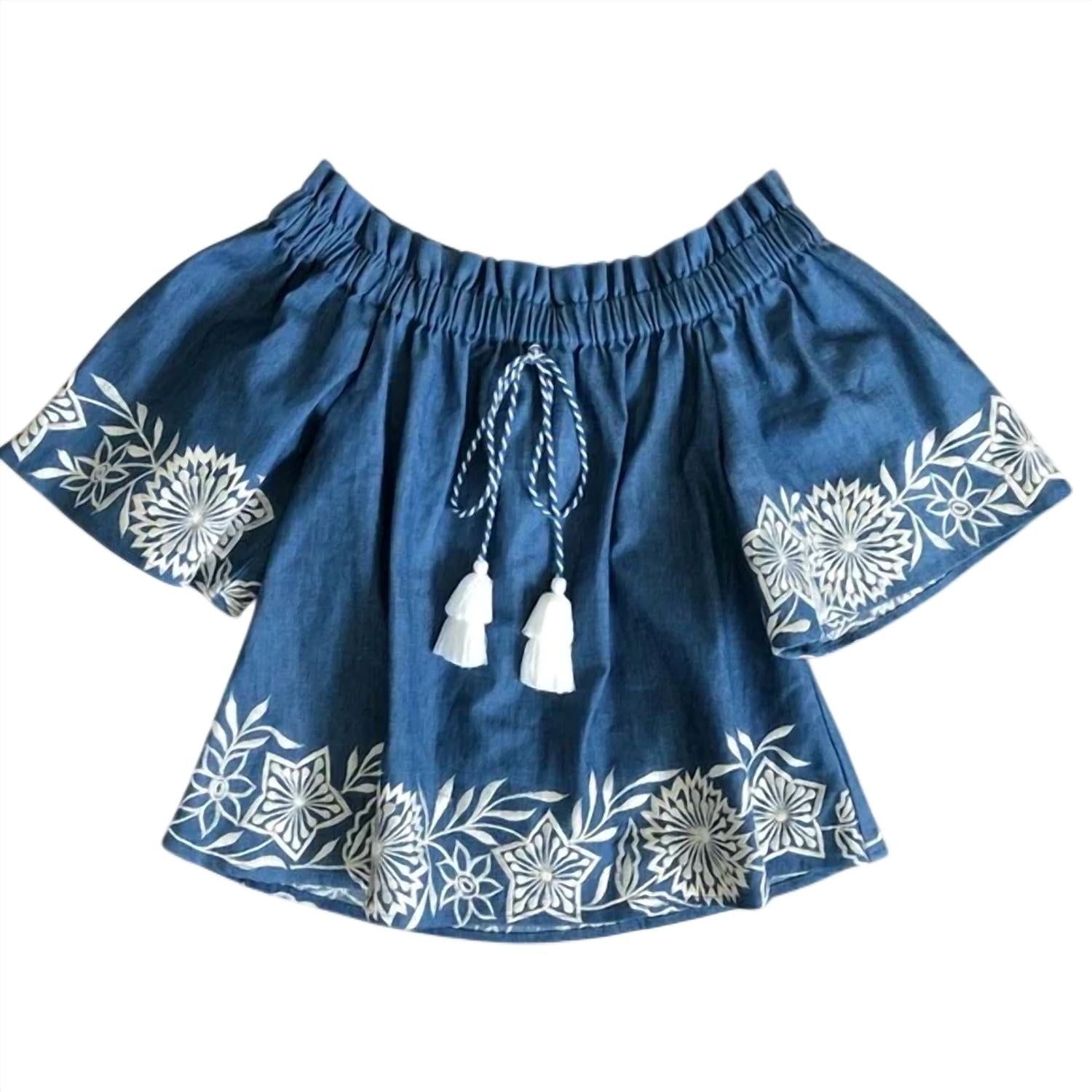 Misa Los Angeles - Nisi Embroidered Off-the-shoulder Denim Top