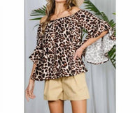 Vine & Love Off-Shoulder Bell Sleeve Top in leopard print - women's blouse