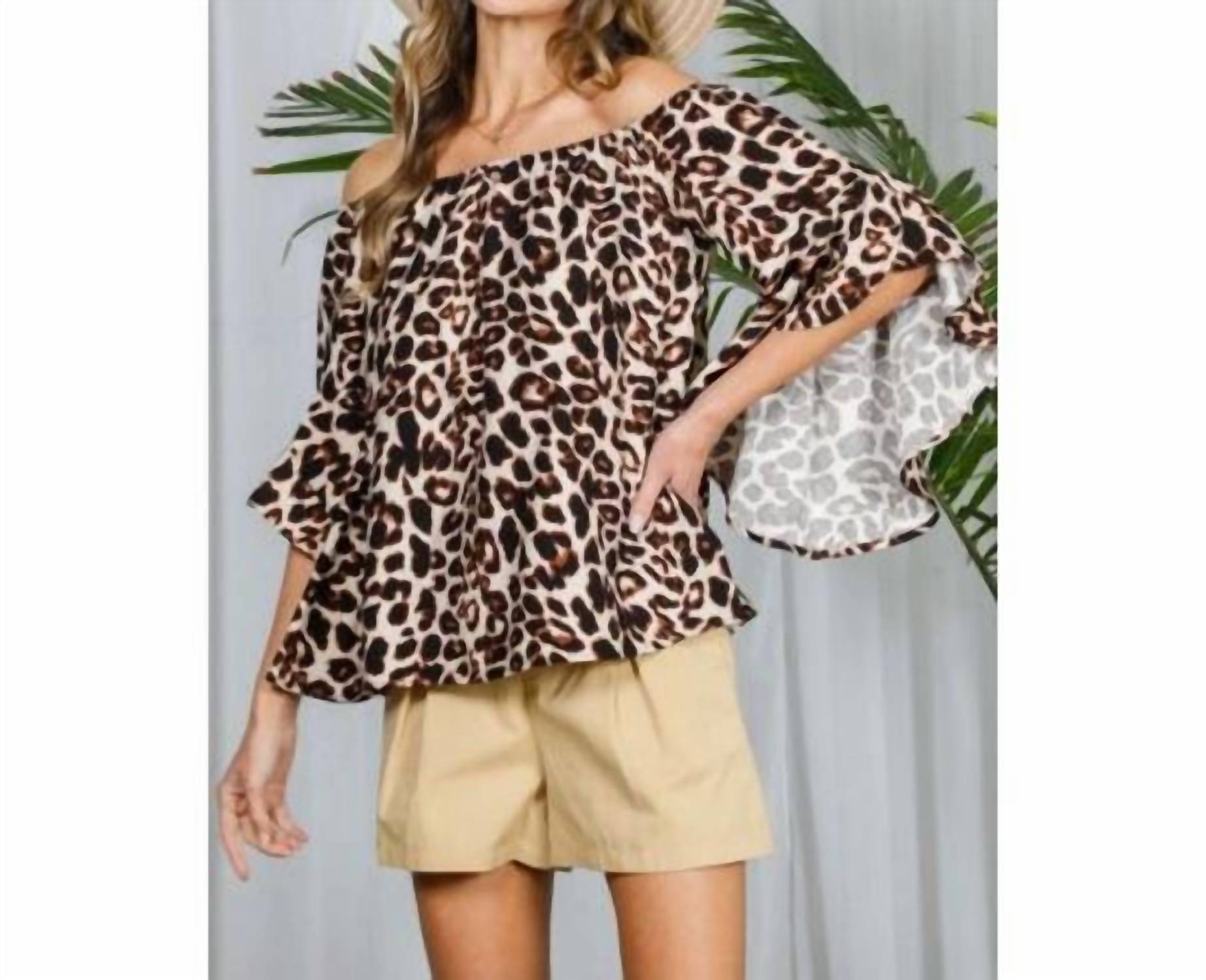 Vine & Love Off-Shoulder Bell Sleeve Top in leopard print - women's blouse