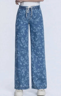 Vervet By Flying Monkey - Vintage Floral High Rise Drawstring Pull On Wide Leg Jeans