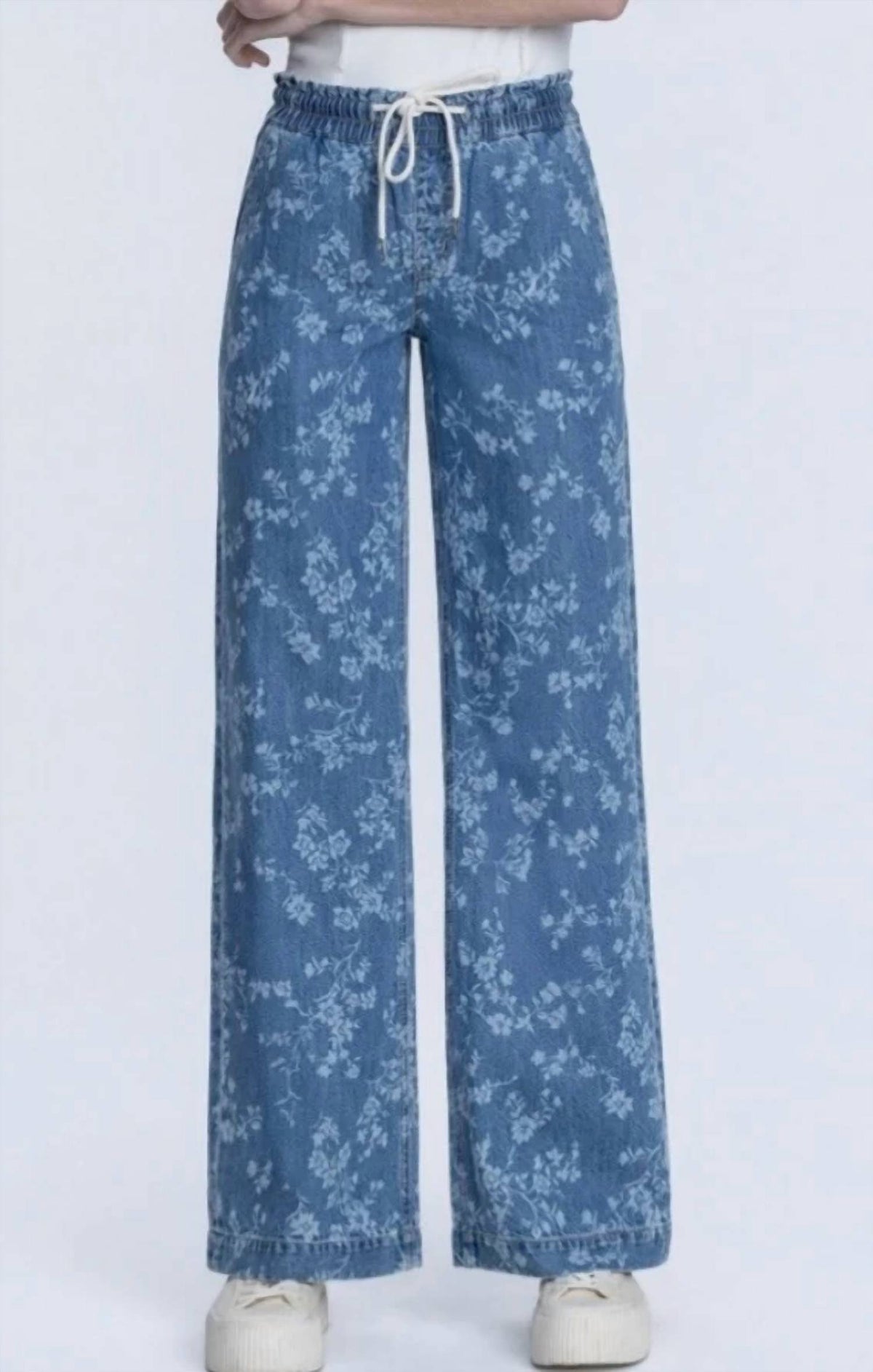 Vervet By Flying Monkey - Vintage Floral High Rise Drawstring Pull On Wide Leg Jeans