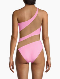 NORMA KAMALI Mio Mesh Cut Out One Shoulder Swimsuit in candy pink - women's swimwear - detail view