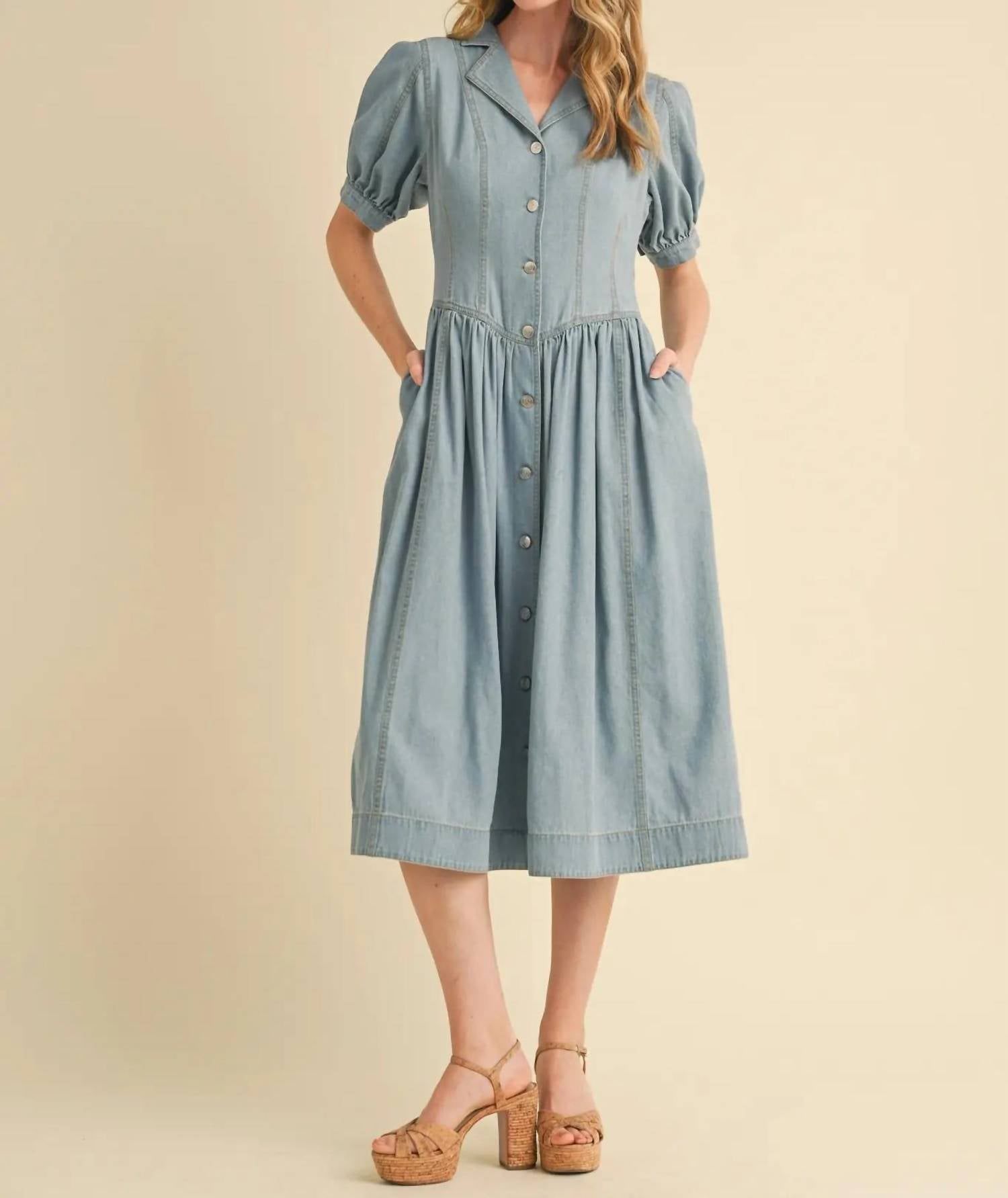 En Merci - Denim Puff Sleeve Button Down Mini Dress