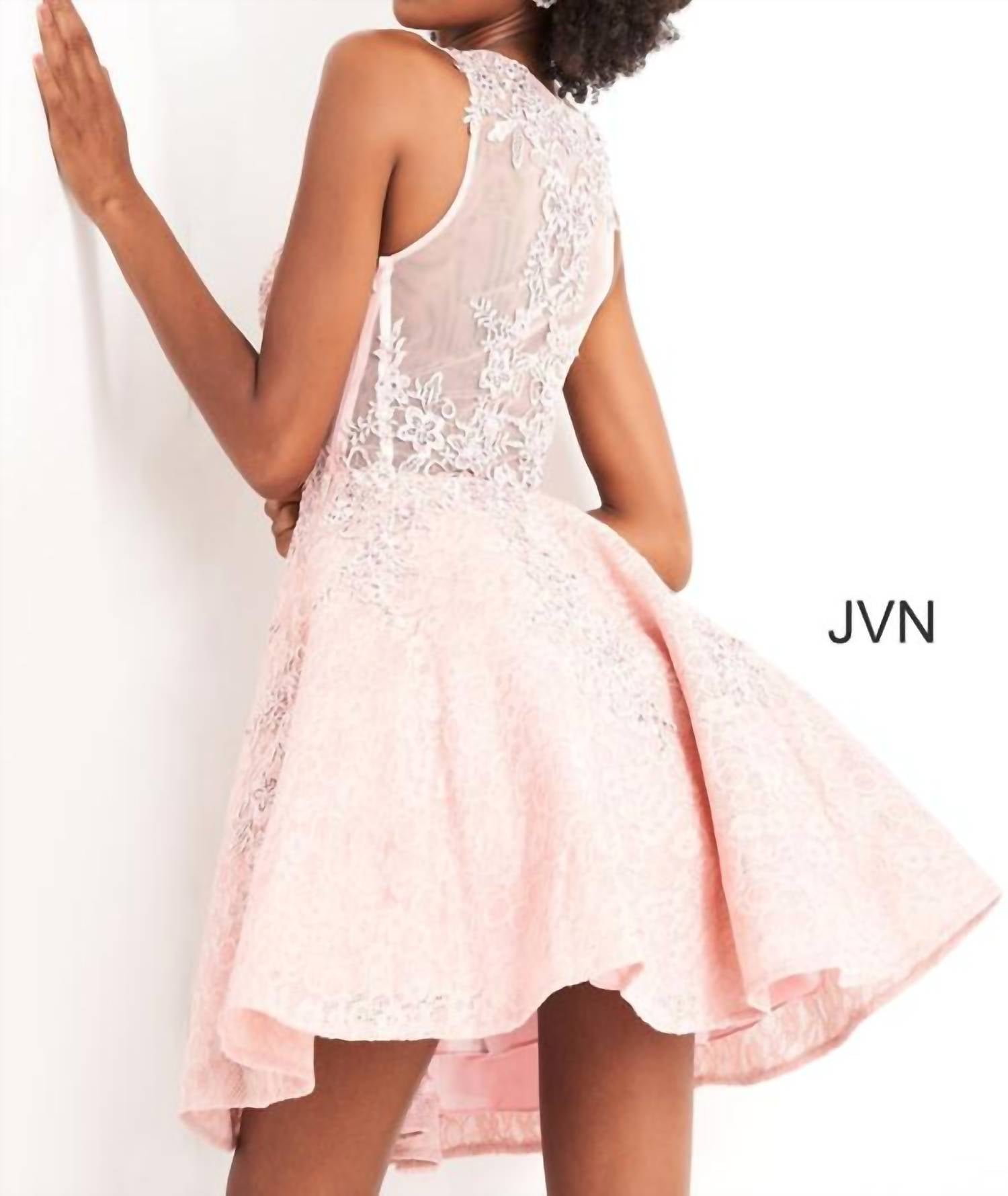 JOVANI A Line Short Beaded Lace Cocktail Dress in pink - women's dress - detail view