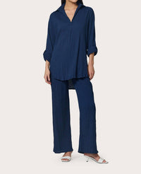 LUSANA Resort Collared Short Sleeve Shirt in indigo - women's blouse