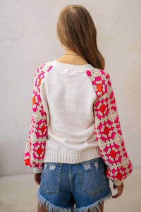 Davi & Dani - Crochet Detailed Long Sleeve Knit Sweater Top