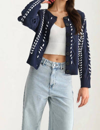 Knit & Lounge - Button Front Cardigan with White Stitch Detailing