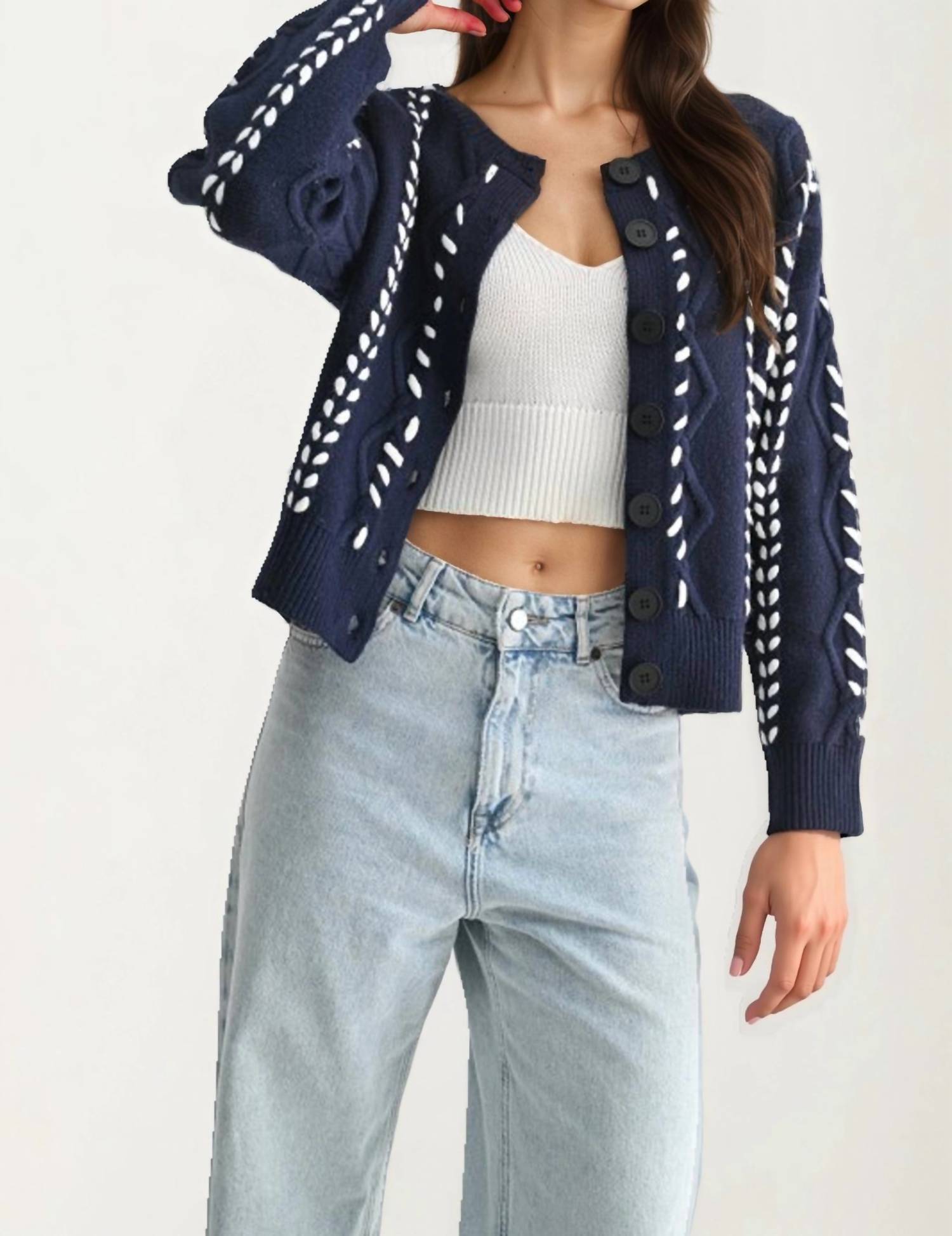 Knit & Lounge - Button Front Cardigan with White Stitch Detailing