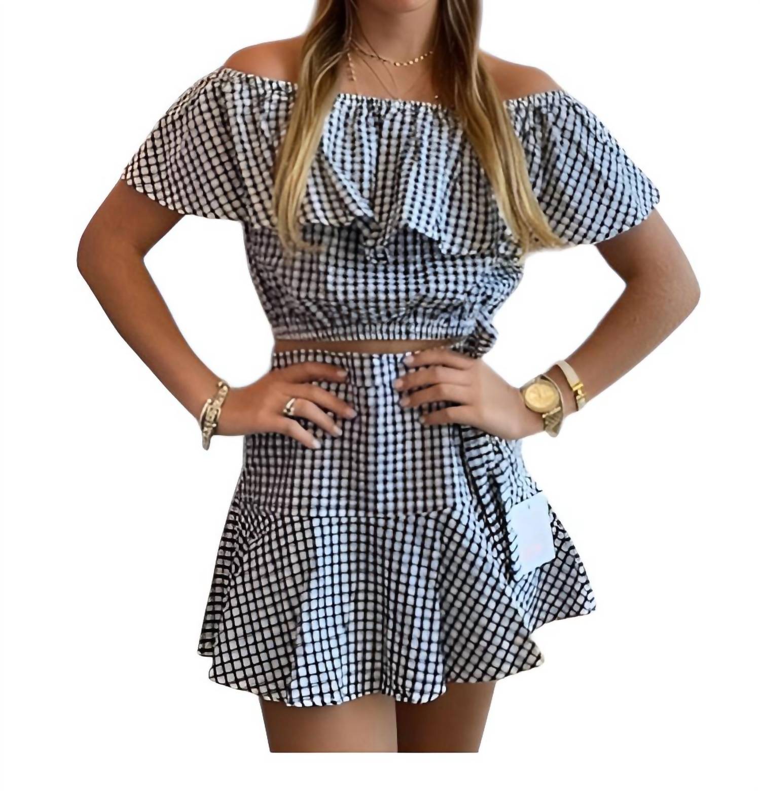 Meet Me In Santorini - Gingham Off Shoulder Top