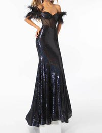 Ava Presley - Off-the-shoulder Gown With Feather Accents