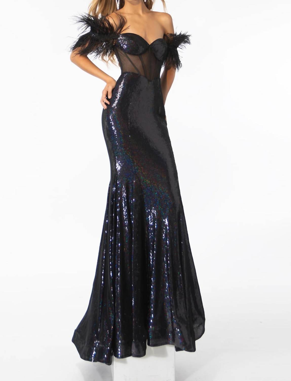 Ava Presley - Off-the-shoulder Gown With Feather Accents