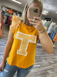 Anniewear - Patched Ruffle Sleeve Top