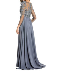 Montage by Mon Cheri Embroidered Bodice Long Sleeve Dress in smoke - women's dress - detail view