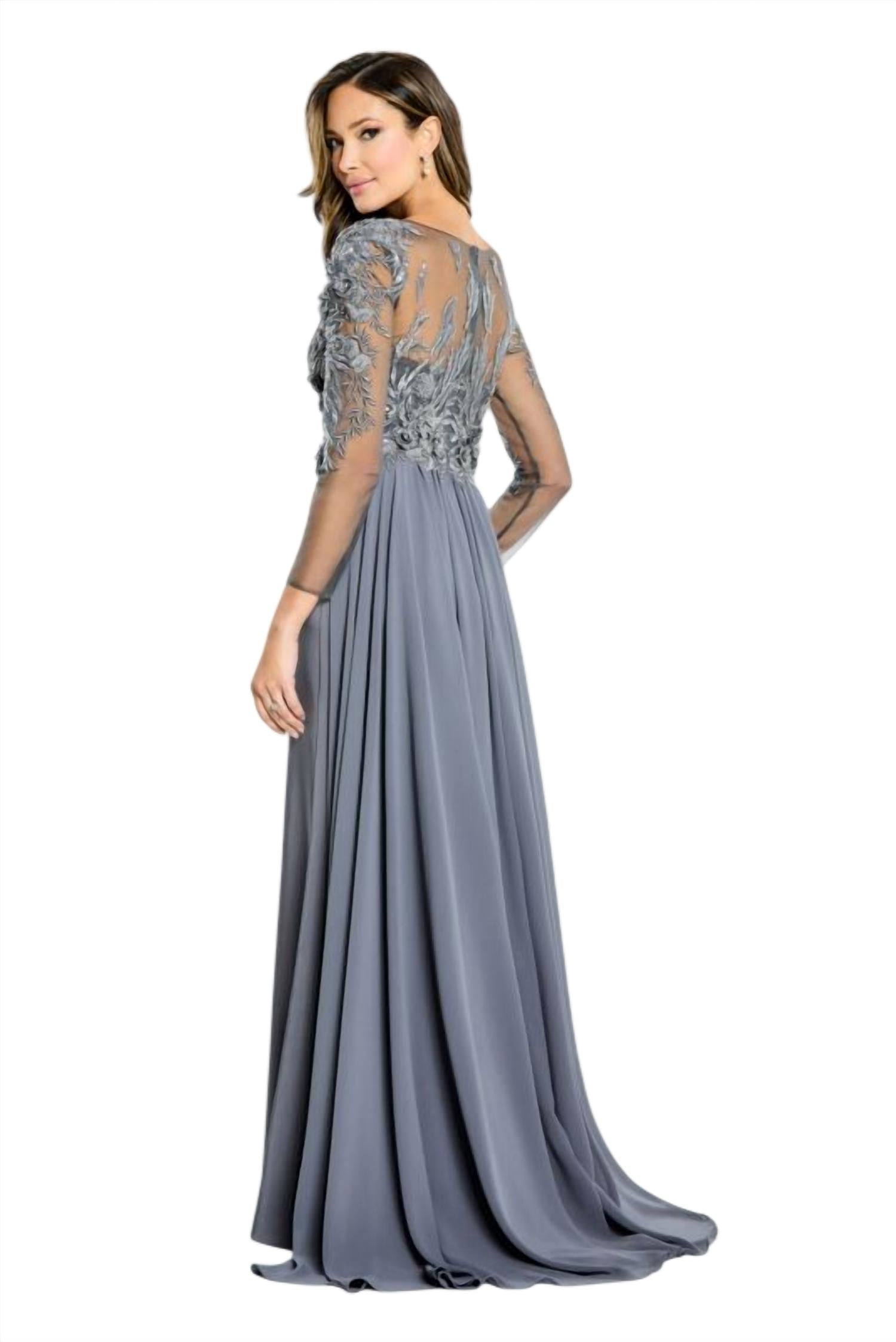 Montage by Mon Cheri Embroidered Bodice Long Sleeve Dress in smoke - women's dress - alternate view