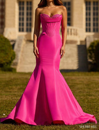 Sherri Hill Mermaid Lace Sweetheart Neck Dress in bright pink - women's dress - detail view