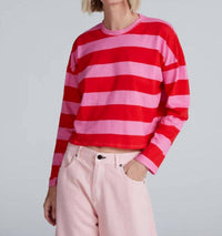 ASKK NY Cropped Long Sleeve Shirt in pink and red - women's long sleeve top