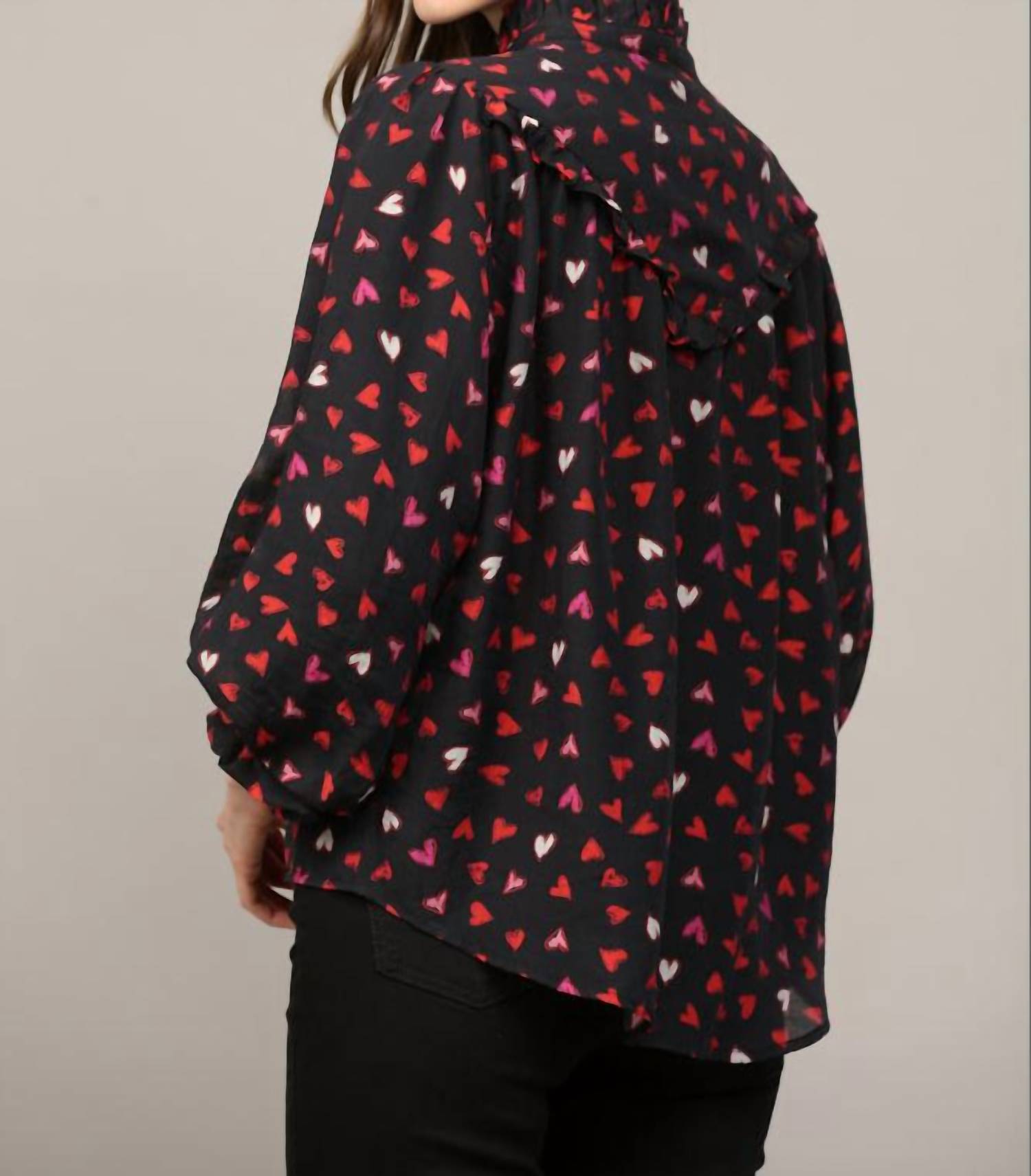 Fate By Lfd - Heart Print Ruffle Yoke Detail Bubble Sleeve Blouse