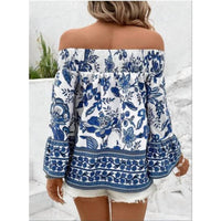 Wholesalesir Smocked Printed Off-Shoulder Blouse in blue - women's blouse - detail view