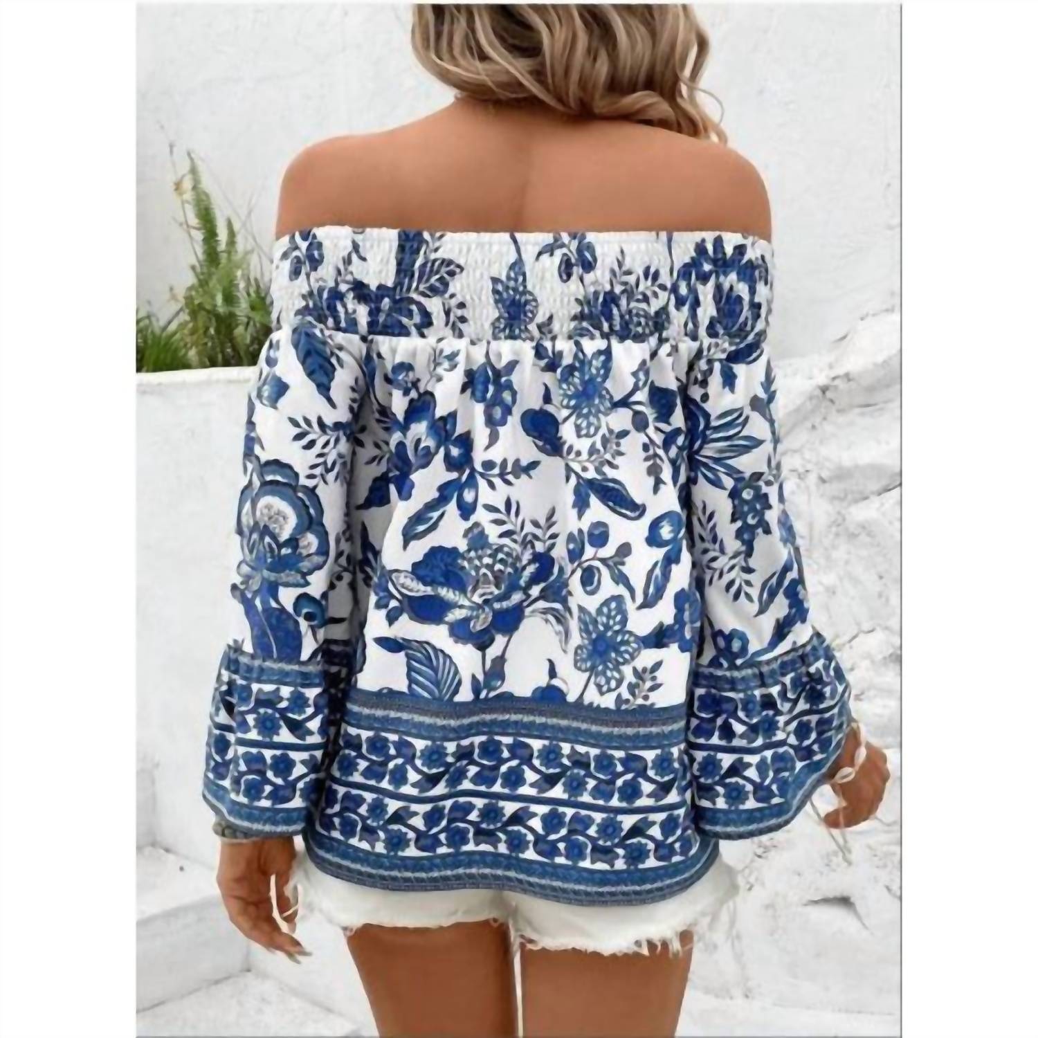 Wholesalesir Smocked Printed Off-Shoulder Blouse in blue - women's blouse - detail view
