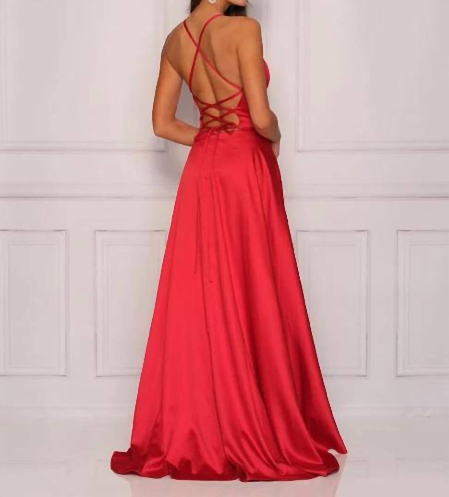 Dave & Johnny Lace-up Back Faux Wrap A Line Dress in red 1 - women's dress - detail view