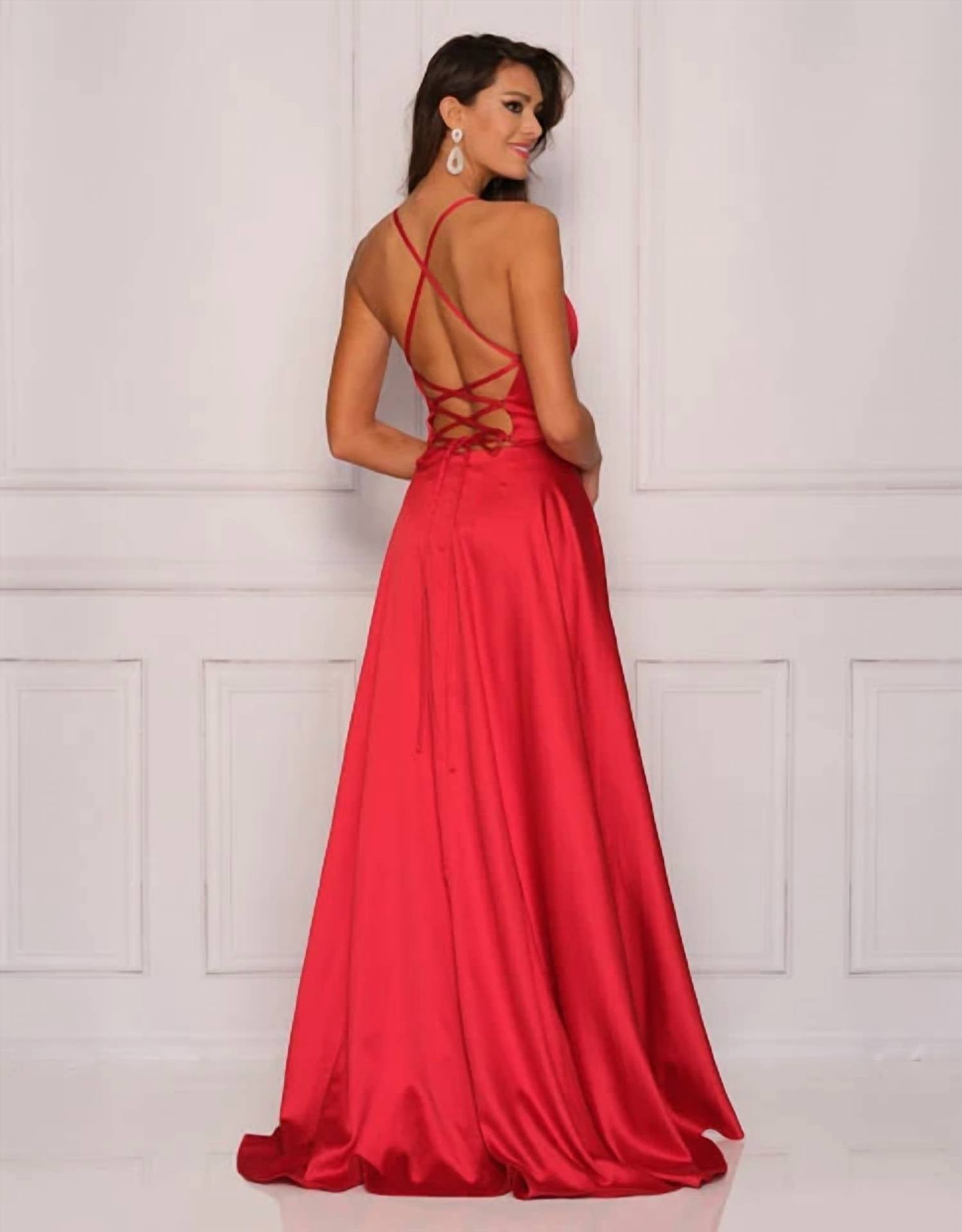 Dave & Johnny Lace-up Back Faux Wrap A Line Dress in red 1 - women's dress - alternate view