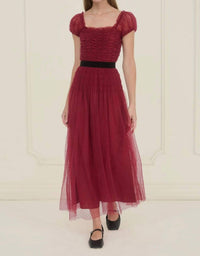 Moon River - Polka Dot Tulle Shirred Waist Velvet Midi Dress