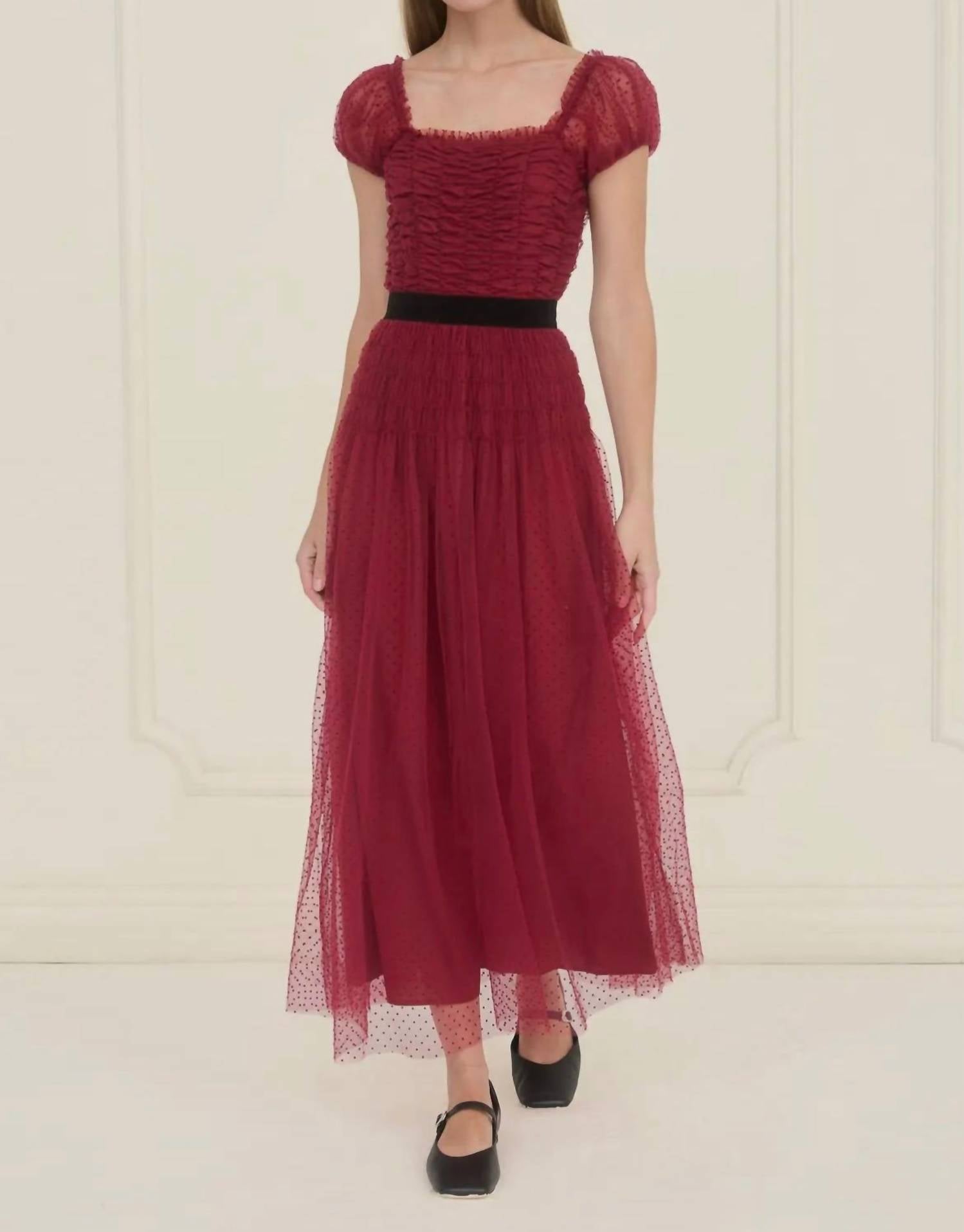 Moon River - Polka Dot Tulle Shirred Waist Velvet Midi Dress