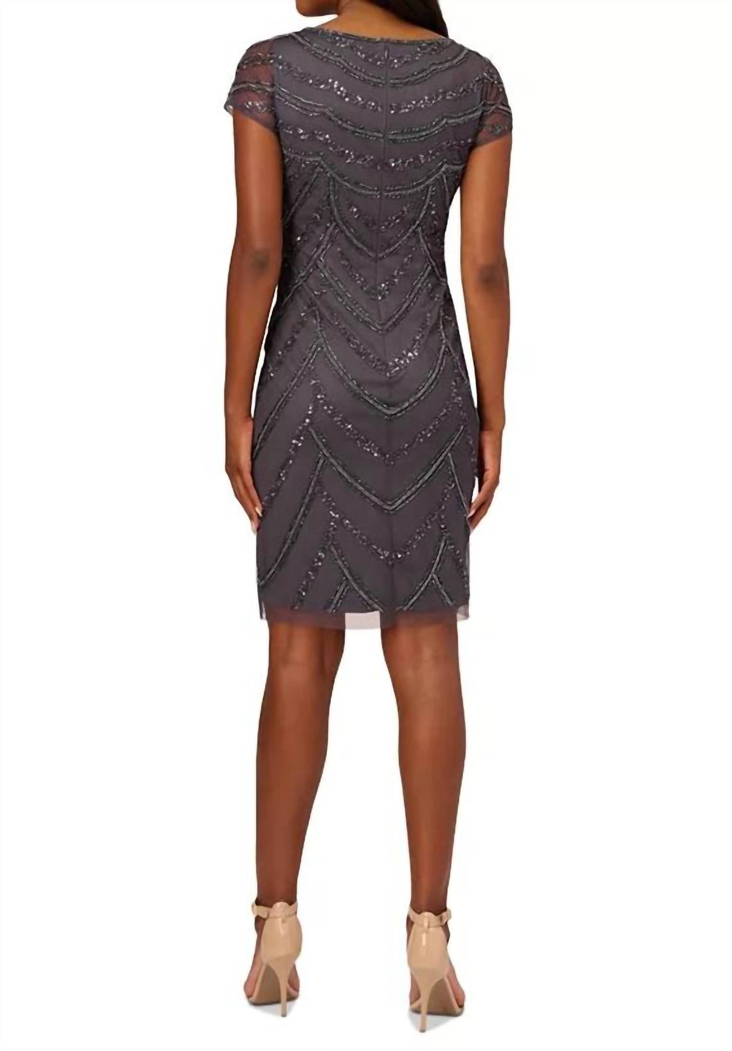 Adrianna Papell - Cap Sleeve Boat Neck Beaded Dress
