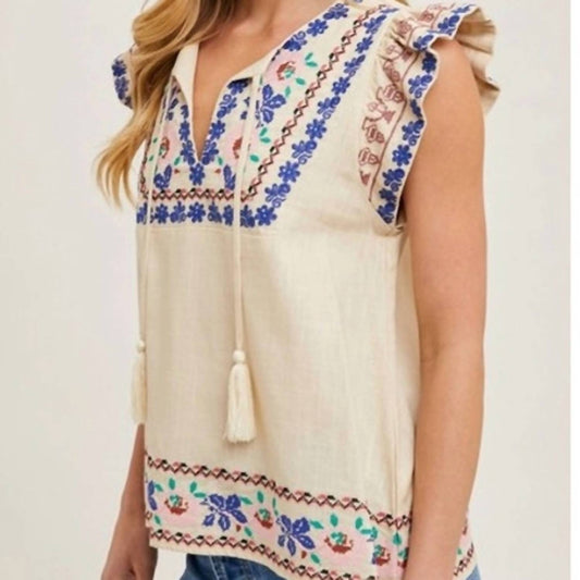 Bluivy - Boho Embroidered Ruffled Sleeve Tasseled Drawstring Top Linen Blend