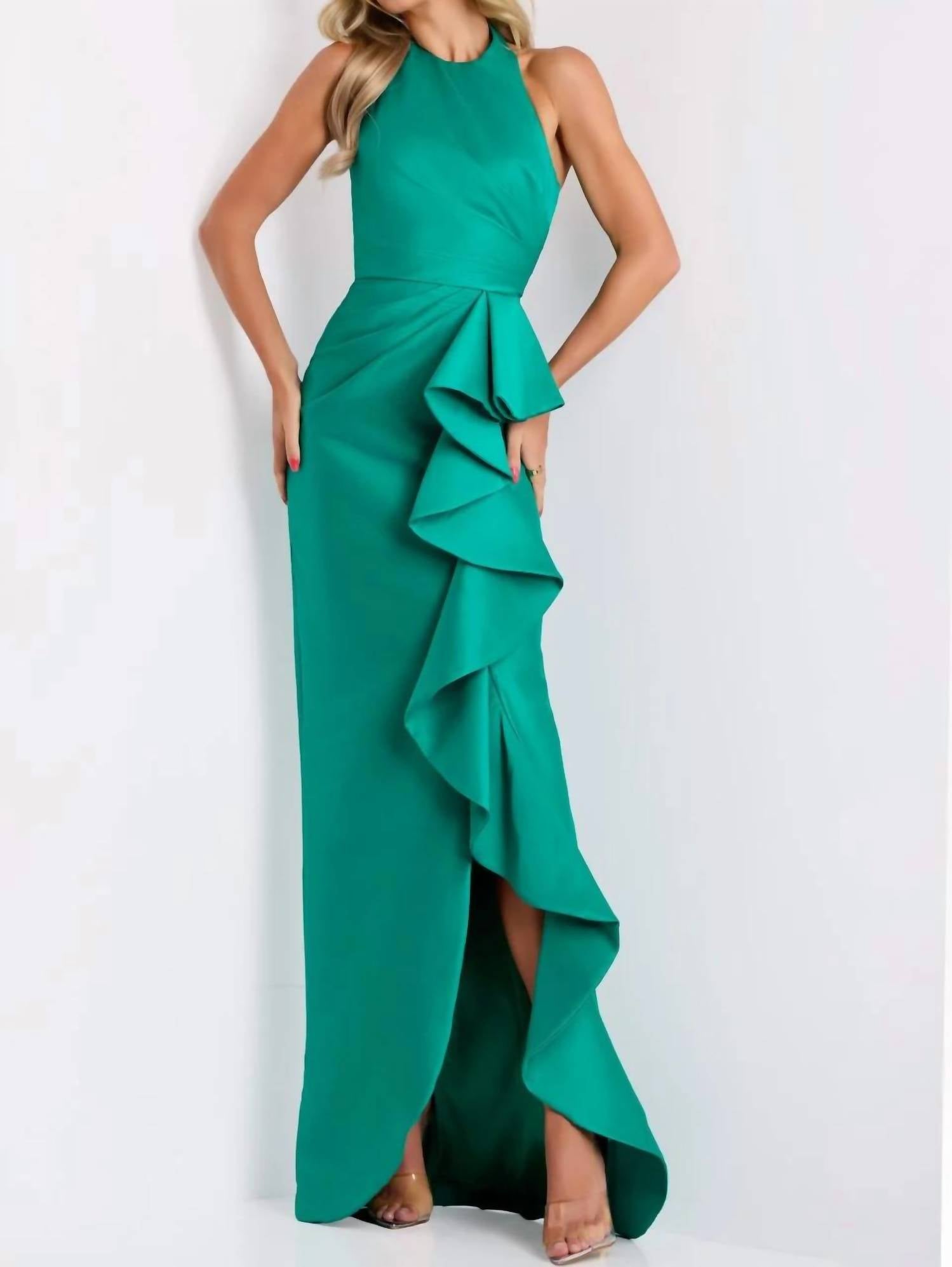 Jovani - Halter Neck Gown With Cascading Ruffle Detail