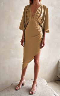 Aiifos Anabelle V Neck Midi Dress in tan - women's dress