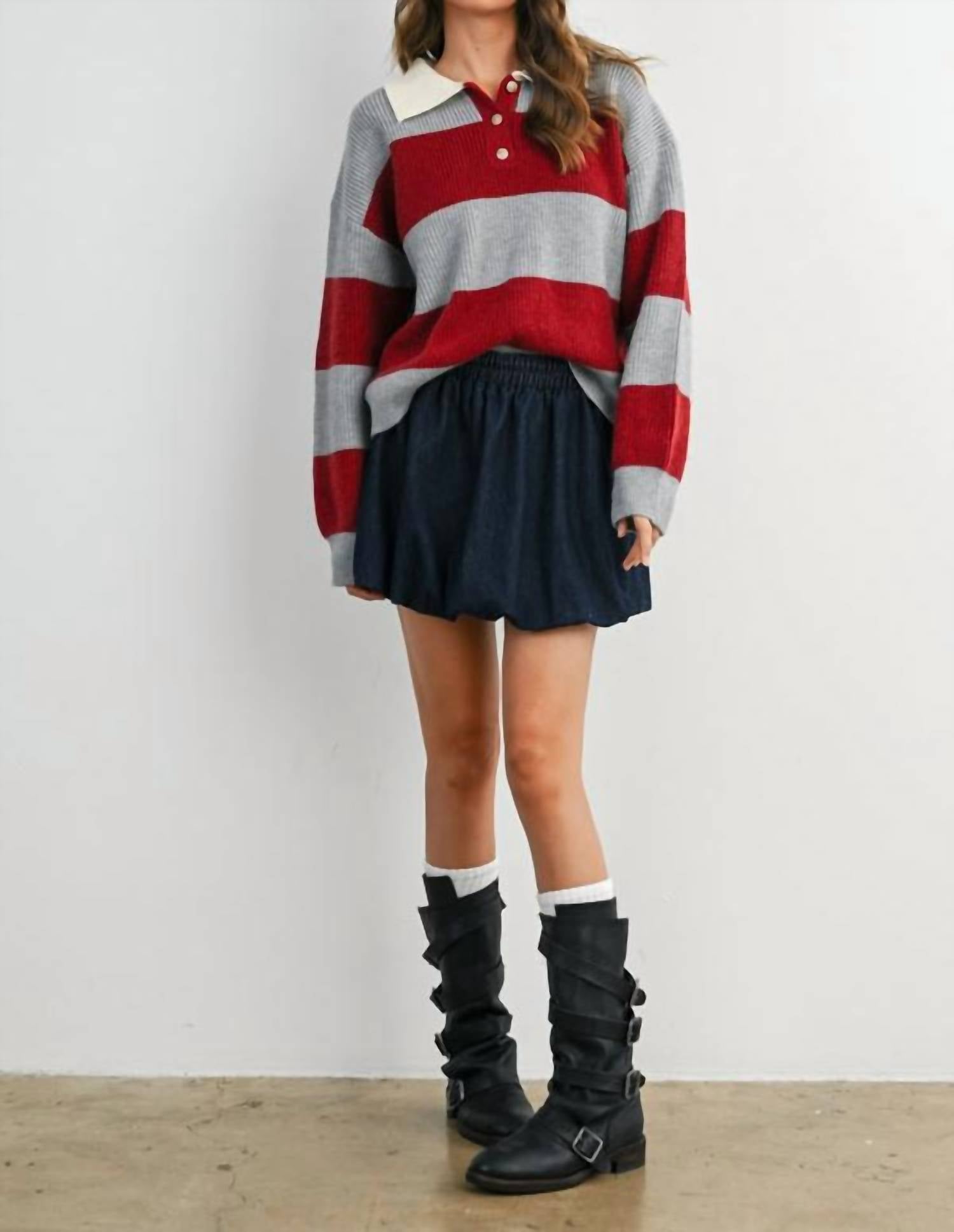 Buttermelon - Buttoned Striped Collared Long Sleeve Top