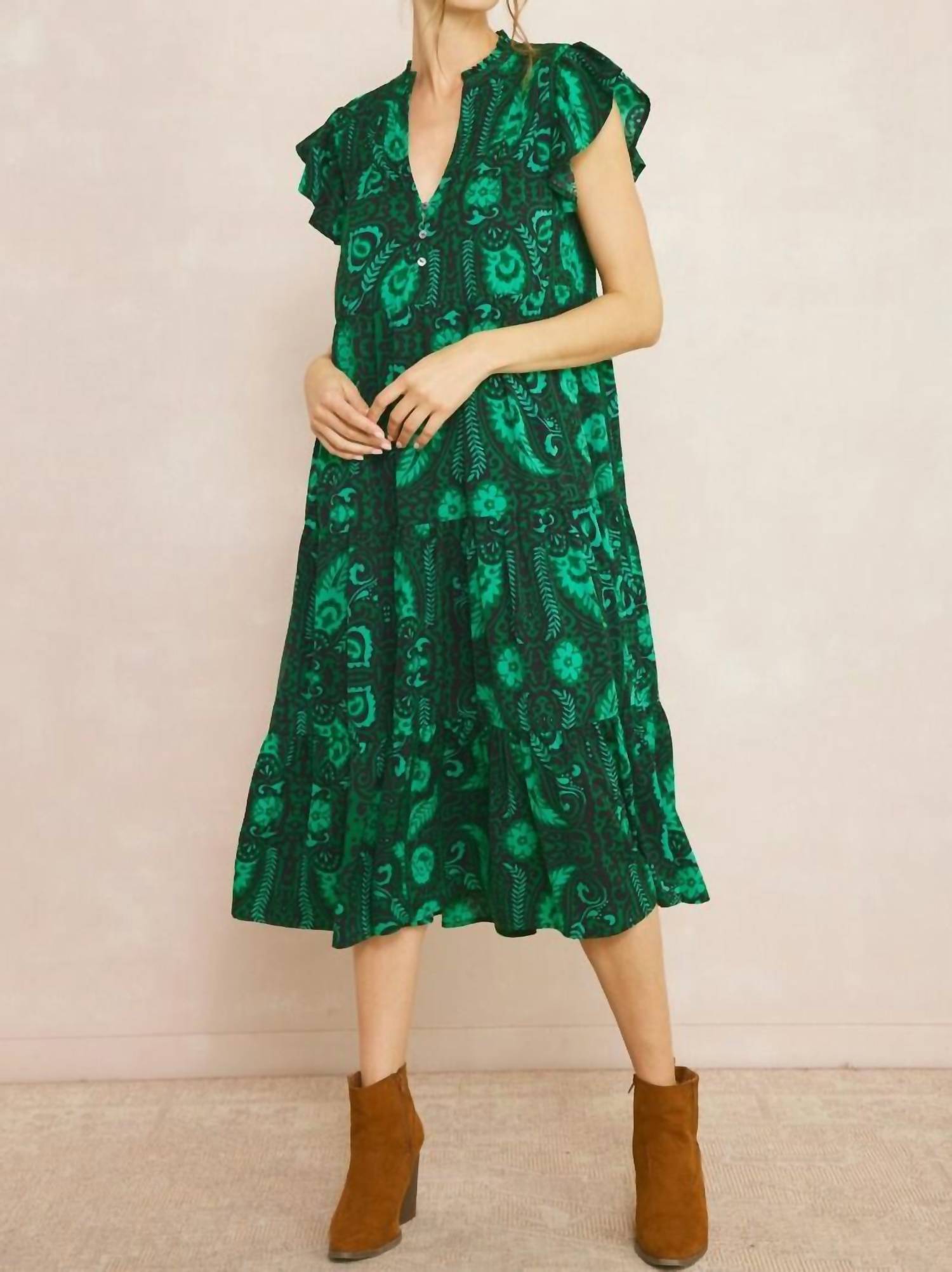 entro Floral & Leaf Ruffle Midi Dress in green - women's dress - detail view