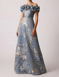 Teri Jon - Jacquard Scrunch Neckline Off Shoulder Gown