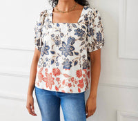 Karen Kane - Puff Sleeve Square Neck Poplin Print Top