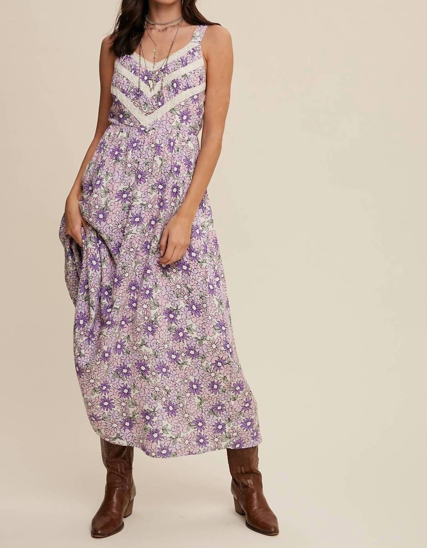 Listicle - Floral Lace Trim Maxi Dress