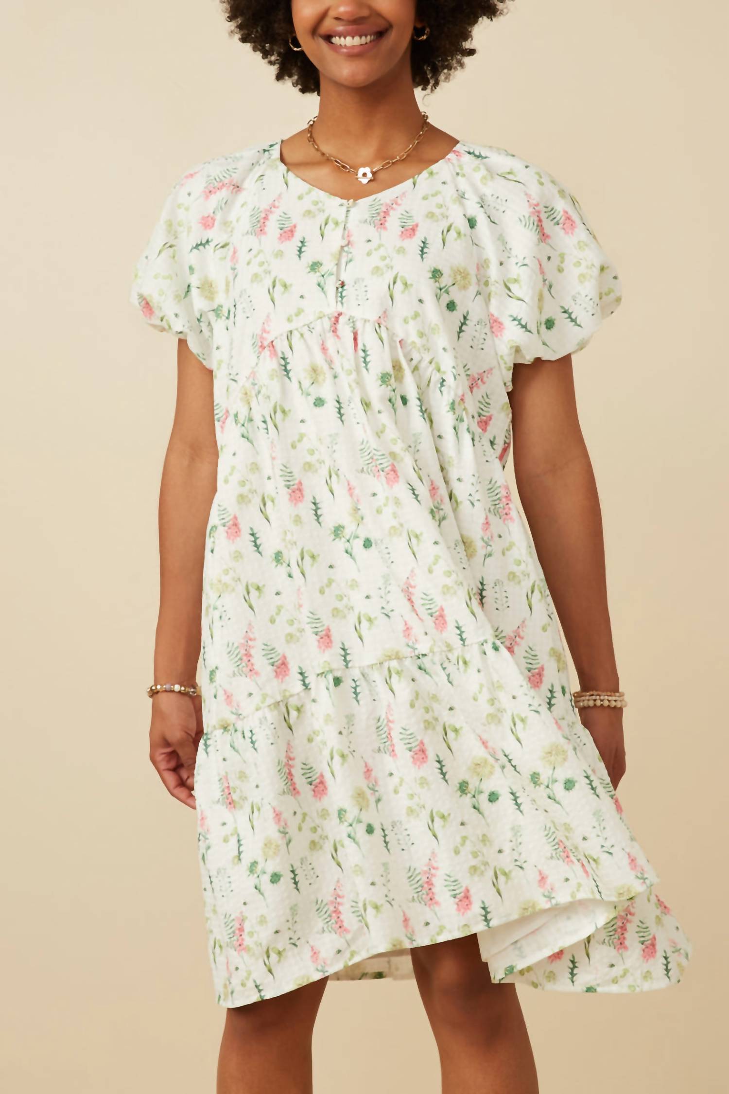 Hayden La - Textured Floral Button Detail Bubble Sleeve Dress