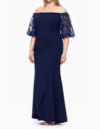 Xscape Long Illusion Sleeve Off The Shoulder Dress Maxi Dress in navy - women's dress