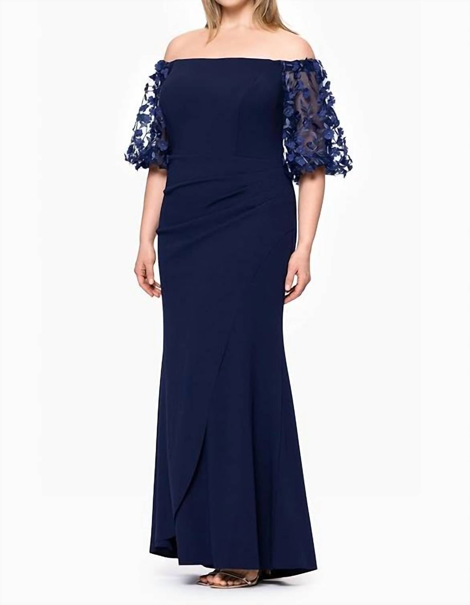 Xscape Long Illusion Sleeve Off The Shoulder Dress Maxi Dress in navy - women's dress