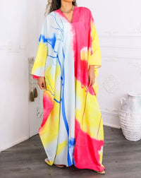Surelymine - Colorburst Abstract Kimono Maxi Dress Flowy V-neck Style