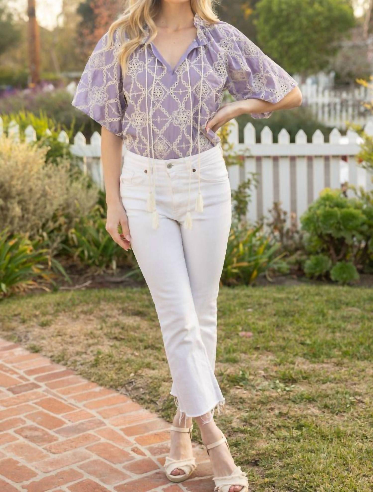 Voy - Embroidered Eyelet Tassel Top